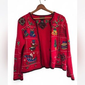 Sold- Vintage Designers Originals Red Christmas Cardigan with Festive Motifs